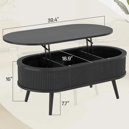Miniatura 2 de Mesa auxiliar ovalada con almacenamiento, moderna mesa de centro acanalada con parte superior elevadora, mesas de centro pequeñas con Negro