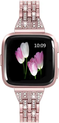Miniatura 10 de Bandas compatibles con Fitbit Versa 2/Versa Lite/Versa, pulsera de repuesto con diamantes de imitación de metal para mujer, color negro