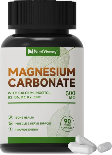 Cápsulas de carbonato de magnesio de 500 mg, suplemento de carbonato de magnesio con calcio, inositol, vitamina B2, B6, D3, K2, zinc para la salud