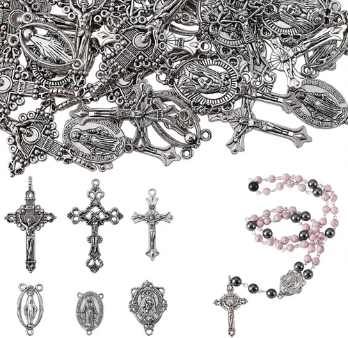Miniatura 8 de BEEFLYING 60 piezas de rosario católico de aleación de estilo tibetano Jesús crucifijo de paz cruz centro María Milagrosa Medalla Colgantes Virgen