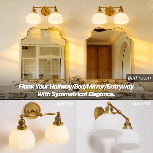 Miniatura 7 de Apliques de Pared Dorados de 2 Luces, Aplique de Pared Vintage para Baño con Vidrio Esmerilado de Doble Brazo de Latón, Luz de Tocador para Baño