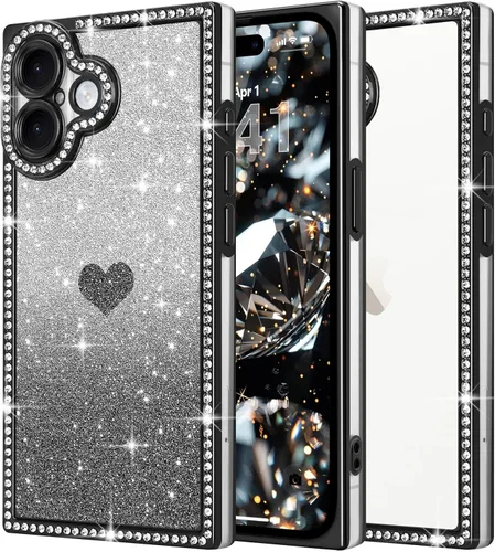 Miniatura 26 de Funda para iPhone 13, funda de diamantes de imitación de lujo con patrón de corazón de amor de cristal [papel con purpurina extraíble], parachoques