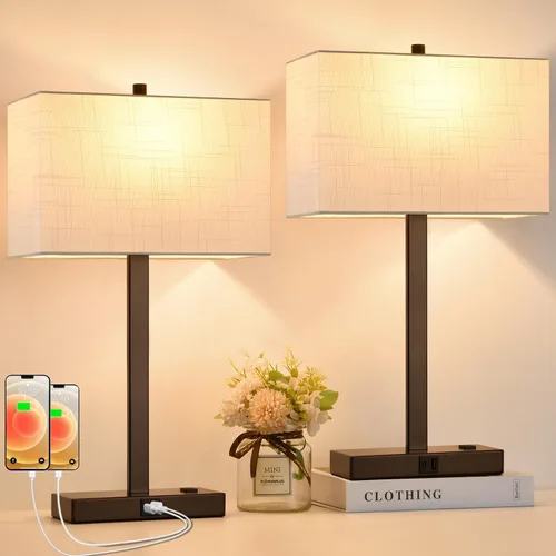 Miniatura 20 de Lynnoland Juego de 2 lámparas de noche de 21 pulgadas con tomas USB A+C y CA, control táctil, regulables de 3 vías, para dormitorio, sala de estar