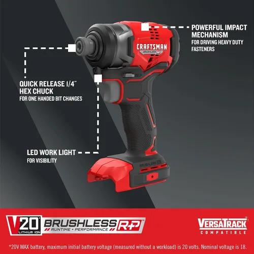 Miniatura 2 de CRAFTSMAN Destornillador de impacto inalámbrico V20, 1/4 de pulgada, solo herramienta desnuda (CMCF813B)