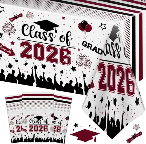 Miniatura 9 de Mantel de decoración de graduación para clase de 2026 – 3 piezas de plástico para mesa de graduación de felicitaciones, cubierta de mesa
