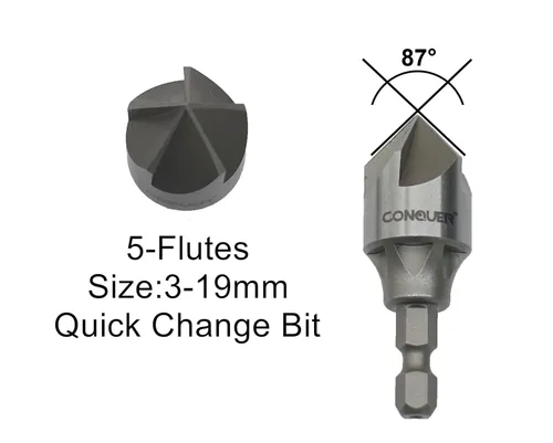 Miniatura 2 de CONQUER Tools - Broca avellanadora de metal con 5 flautas, 87 grados para vástago hexagonal de 1/4 pulgadas, ajuste de 1/8"-3/4