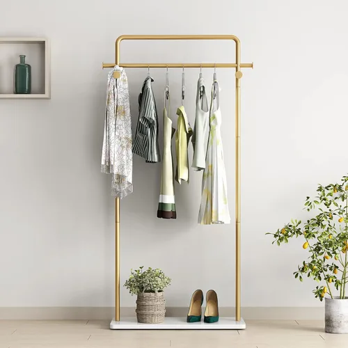 TIEOU Percheros dorados con estante, percheros dorados resistentes para boutiques, perchero de metal independiente para colgar ropa, perchero Dorado