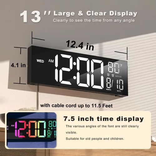 Miniatura 2 de JALL Reloj digital grande de montaje en pared de 13 pulgadas para sala de estar, temporizador de cuenta regresiva, alarma, LED grande, DST, Negro