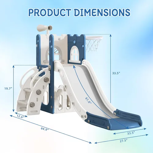 Miniatura 3 de MOCUTEEN Tobogán 6 en 1 para niños pequeños, juego de bebé para interiores y exteriores con aro de baloncesto, almacenamiento y telescopio, juguetes