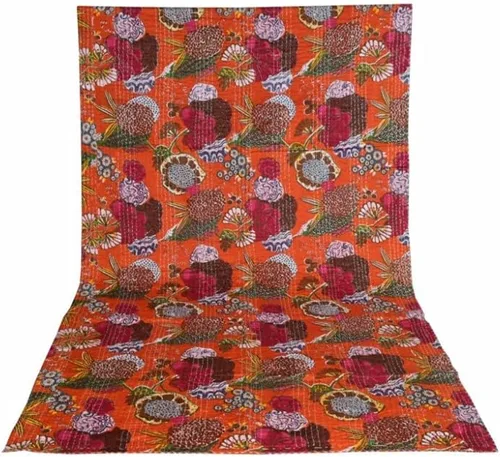 Miniatura 54 de Sophia-Art Colcha reversible de frutas indias para cama individual/king con patrón Gudri de algodón puro estilo Kantha, colcha decorativa con Rosa