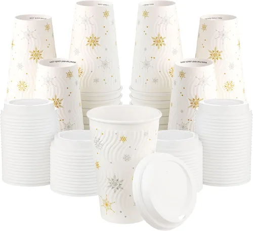 Miniatura 12 de Harvest Pack - Juego de 100 tazas de café desechables de Navidad de 12 onzas con tapas, tazas de papel caliente aisladas con copos de nieve blancos