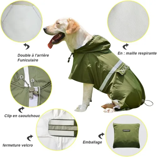 Miniatura 6 de Impermeable para perros grandes, poncho impermeable para perros medianos y grandes, ropa impermeable (4XL, verde)