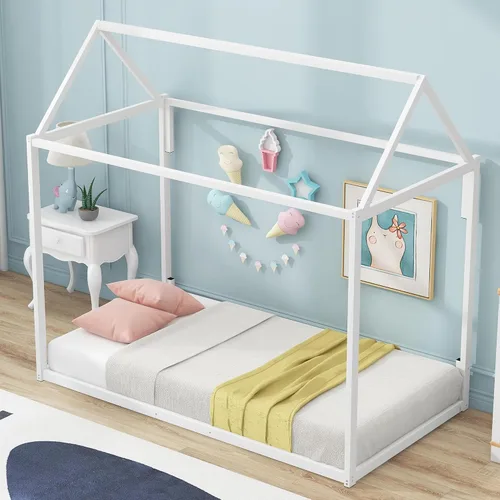 Miniatura 14 de Base de cama de metal de tamaño individual con plataforma en forma de casa de techo, para niños y niñas, soporte de metal resistente, perfecto