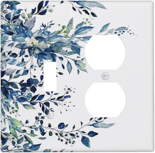 Miniatura 44 de Cubiertas de Salida Triple Basculante con Hojas de Plantas de Eucalipto Azul en Acuarela Floral, Placa Frontal Decorativa de 3 Posiciones, Cubierta