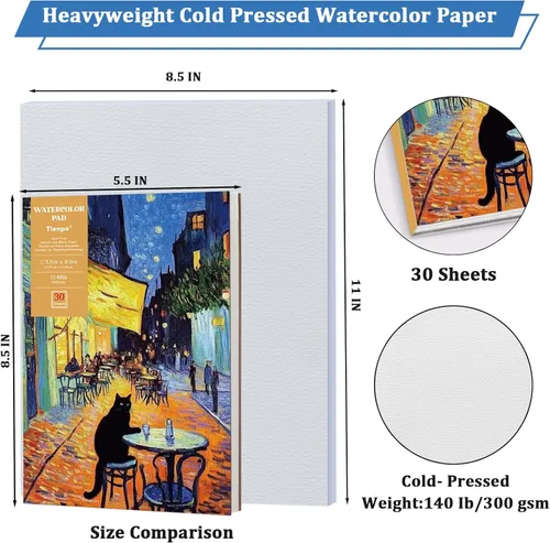 Miniatura 2 de Tlenpo Bloc de papel de acuarela, 8.5 x 5.5 pulgadas, 140 libras/10.58 oz/m², 30 hojas de prensa en frío sin ácidos, papel de pintura de dibujo