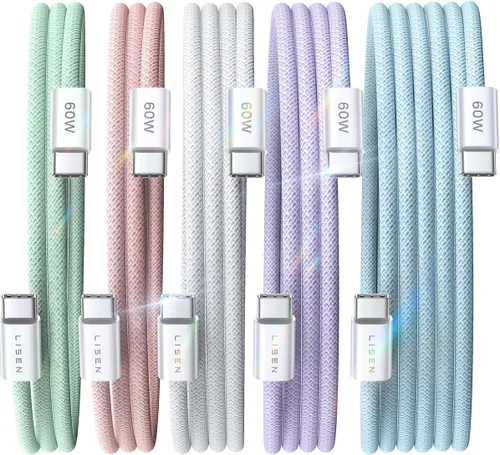 Miniatura 14 de LISEN Cable USB C a USB C, paquete de 5 [3.3/3.3/6.6/6.6/10 pies] para iPhone 17, cable C a C de carga rápida para iPad, iPhone 16 15 Pro Max, Negro