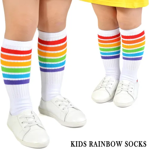 Miniatura 22 de EPEIUS Calcetines altos hasta la rodilla con rayas de arco iris para bebé, calcetines de tubo antideslizantes para uniforme de fútbol para niños