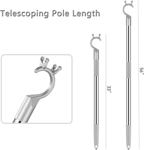 Miniatura 5 de Poste largo retráctil con gancho, poste telescópico de armario de 33 a 56 pulgadas, barra de alcance ajustable de Navidad para alcanzar la ropa, Gris
