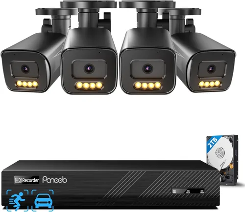 Sistema de seguridad de 4 cámaras, 8 canales, 4 cámaras PoE IP con cable de 5 megapíxeles para exteriores, detección de vehículos humanos AI, audio