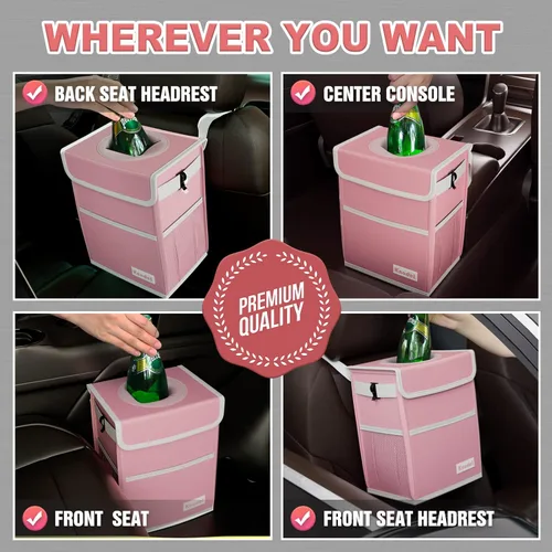 Miniatura 5 de K KNODEL Basurero impermeable para automóvil con tapa, bolsa de basura a prueba de fugas, contenedor colgante para mujeres (rosa, mediano)