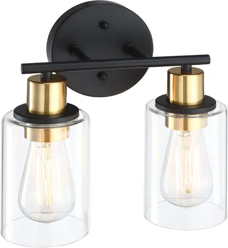Miniatura 8 de Lámpara de tocador de 3 luces negra y dorada sobre el espejo, lámparas de pared de baño con pantalla de vidrio transparente que incluye base mediana