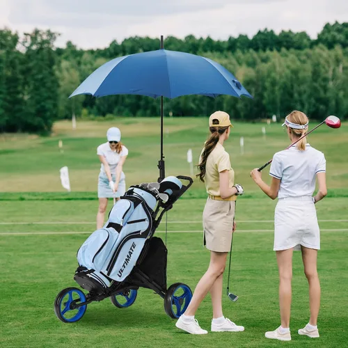 Miniatura 2 de Tangkula Carrito de golf de empuje, carrito de empuje plegable de aluminio ligero de 3 ruedas, carrito de golf con correa elástica, paraguas