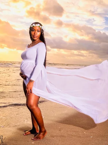 Miniatura 3 de YnimioAOX Vestido de maternidad de manga larga con hombros descubiertos para fotografía vestido de maternidad de gasa para sesión de fotos