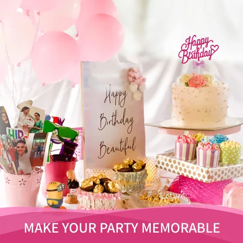 Miniatura 7 de Decoración de pastel de feliz cumpleaños rosa intenso – Cartel de feliz cumpleaños 3D de doble cara para pastel con lazo, idea para decoración