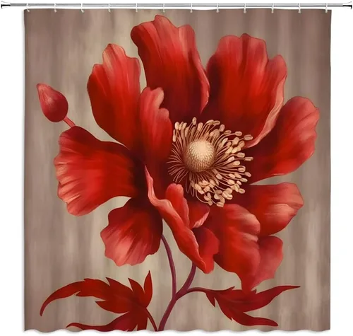 Cortina de ducha con flores rojas, retro, color borgoña, floral, marrón, rojo, vintage, elegante, elegante, decoración de baño, cortina de poliéster