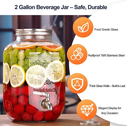 Miniatura 4 de Dispensadores de bebidas de 2 galones para fiestas, dispensadores de bebidas con soporte, dispensador de jarra de agua de vidrio, con grifo de acero