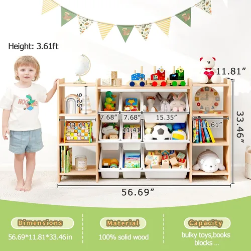 Miniatura 3 de MallBest Estante organizador de almacenamiento de juguetes para niños de 4 niveles, 100% madera maciza, armario de almacenamiento extra ancho