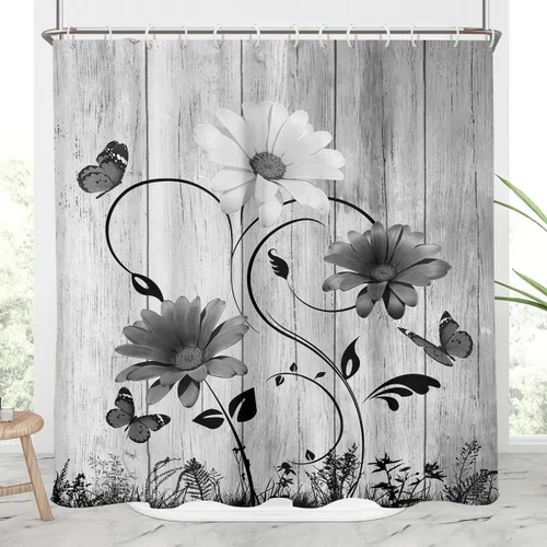 Miniatura 21 de AAtter Cortina de ducha floral azul rústica boho gris blanco amarillo margarita naturaleza negro botánico telón azul verdoso turquesa tela única