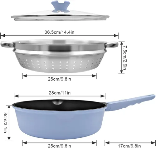 Miniatura 6 de Sartén profunda antiadherente de 12 pulgadas con vaporizador, sartén de 5 cuartos de galón con tapa, utensilios de cocina para cocinar a vapor