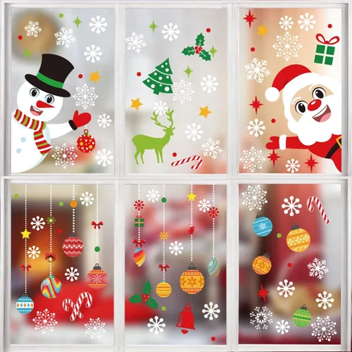 Miniatura 2 de KIMOBER 150 piezas de calcomanías de Navidad para ventana, muñeco de nieve de Papá Noel, bolas de Navidad, decoración de vidrio para suministros