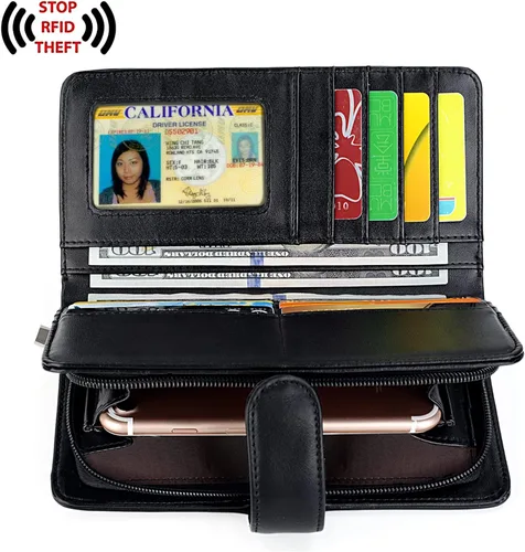 Miniatura 2 de UTO Cartera de cuero vegano para mujer, cartera larga con broche de presión, tarjetero de crédito, elegante embrague