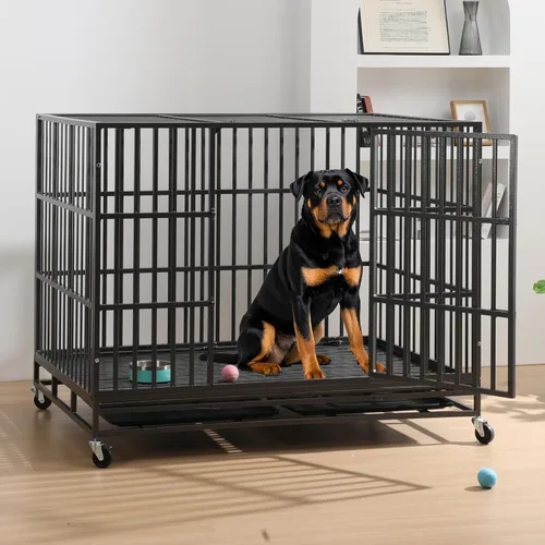 Jaula para perros resistente de 60 pulgadas, plegable, sin montaje, jaula grande para perros a prueba de escape, con ruedas con cerradura, corralito