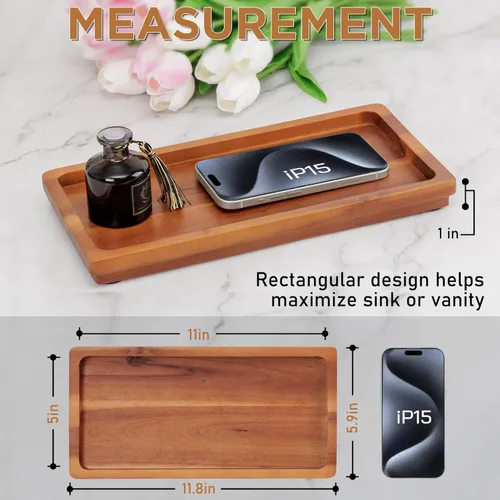 Miniatura 2 de Bandeja de tocador de baño de 11.8 x 5.9 pulgadas de madera de acacia natural, elegante organizador para cosméticos, joyas, perfumes, velas, llaves.