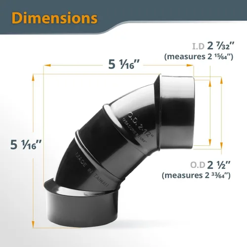 Miniatura 4 de POWERTEC 70344-P2 2-1/2" OD 90 grados Codo - Conector colector de polvo de plástico ABS (negro), paquete de 2