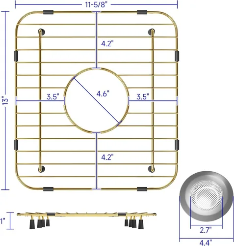 Miniatura 4 de Paquete de 2 rejillas de metal dorado para fregadero de cocina, 13"L X 11.6"W, protectores de fregadero de acero inoxidable con orificio de drenaje