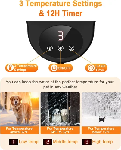 Miniatura 3 de Tazón de agua caliente para perros y gatos, 3 ajustes de temperatura y temporizador de 12H, tazón para mascotas con calefacción para exteriores