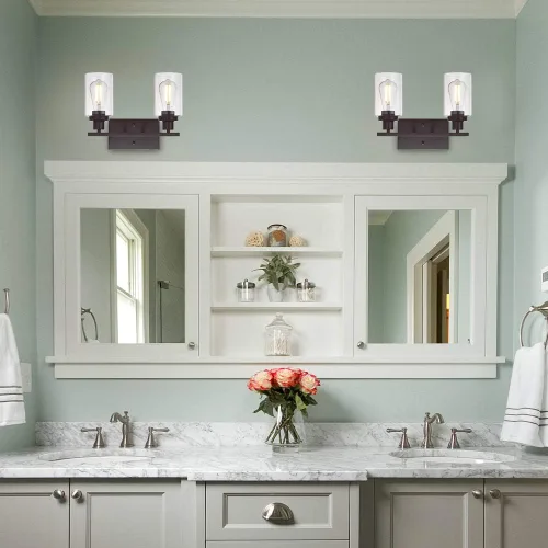 Miniatura 3 de MELUCEE Iluminación Industrial de Baño de 2 Luces, Bronce Frotado con Aceite con Pantalla de Vidrio Transparente, Accesorios de Iluminación