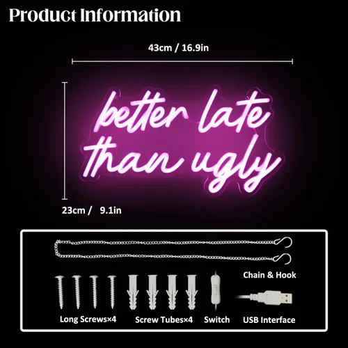 Miniatura 2 de Mejor Tarde Que Nunca Letrero de Neón LED Rosa Iluminado Letras de Neón para Decoración de Pared Letrero de Letra de Neón para Decoración de Salón