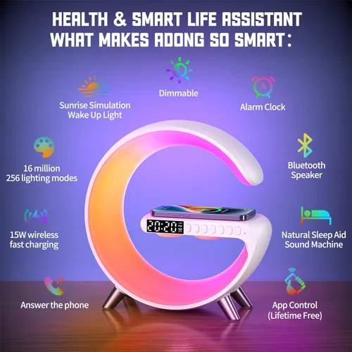 Miniatura 2 de Lámpara de mesa LED inteligente 4 en 1, reloj despertador, cargador inalámbrico, luz nocturna, altavoz Bluetooth con control de aplicación, lámpara