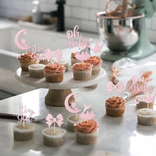 Miniatura 3 de 24 piezas de adornos para cupcakes con lazo con purpurina, vestido de luna Oh Baby para revelación de género, baby shower, fiesta de cumpleaños