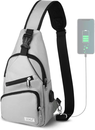 AMJ Bolso cruzado tipo bandolera para hombres y mujeres, mochila de hombro casual, mochila de pecho tipo morral para senderismo y viajes Blanco Gris