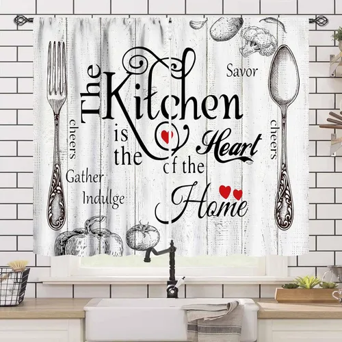 Miniatura 3 de Cortinas Rústicas de Cocina, Tenedor Cuchara Retro Tablón de Madera Granja País Tema de Cocina Citas Divertidas Tratamiento de Ventana