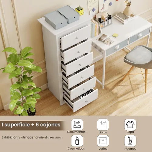 Miniatura 4 de Giantex Cómoda de 6 cajones para dormitorio, cómoda de madera con tiradores de metal y gran capacidad, 16" P x 23" A x 53.5" A, organizador de ropa