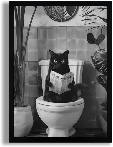 Miniatura 19 de SYWENNOI Arte de Pared en Lienzo Enmarcado en Blanco y Negro para Baño, Divertido Gato Negro Sentado en el Inodoro Leyendo Periódico Decoración