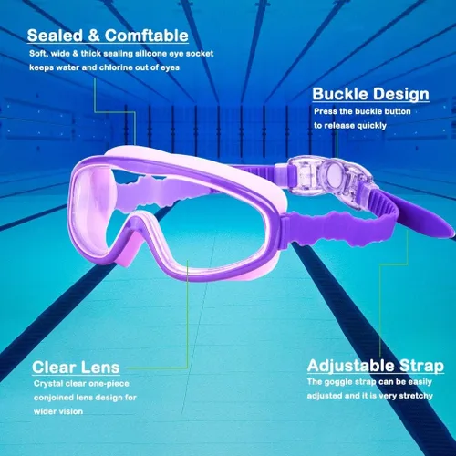 Miniatura 9 de KAILIMENG Gafas de natación para niños, paquete de 2 gafas de natación para edades de 3 a 15 años, antivaho y anti-rayos UV Cear de visión amplia