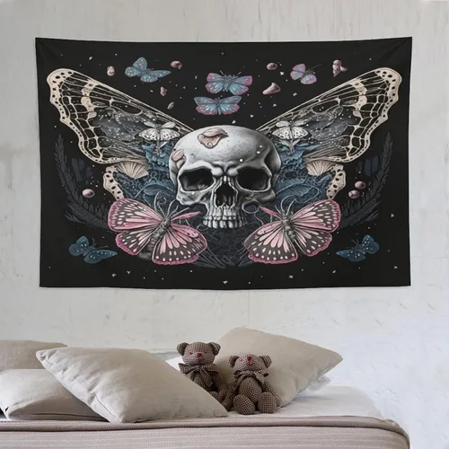Miniatura 7 de Naykow Tapiz de calavera y mariposa, tapiz rosa trippy negro, tapiz de bruja gótica para dormitorio, decoración de habitación hippie de mariposa